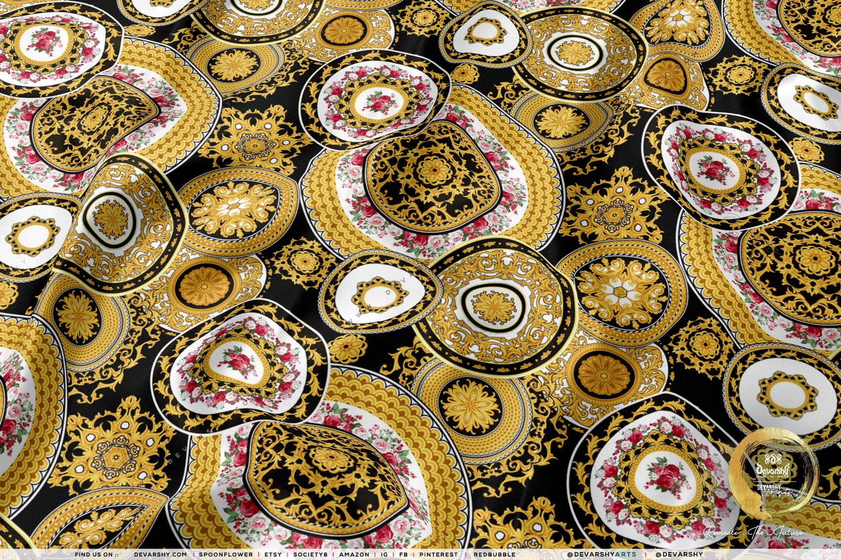 Gold Circles Apparel Fabric 3Meters , 9 Designs | 8 Fabrics Option | Baroque Fabric By the Yard | 031