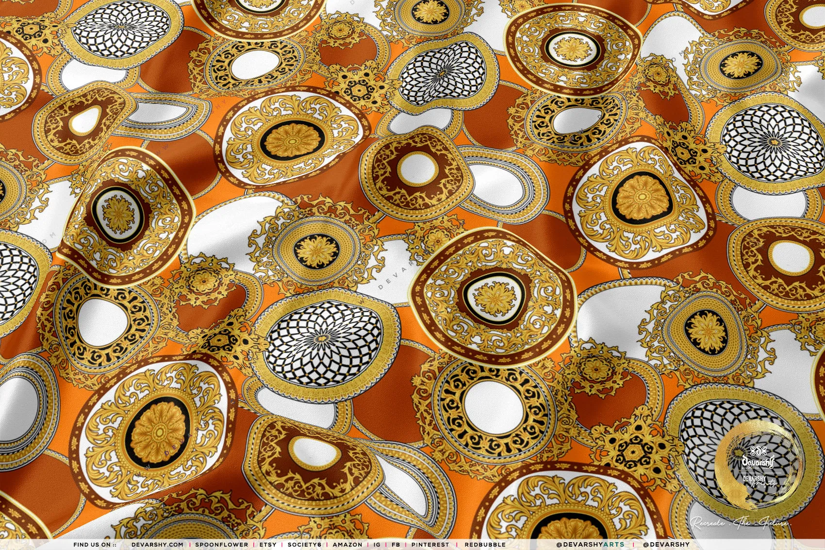 Gold Circles Apparel Fabric 3Meters , 9 Designs | 8 Fabrics Option | Baroque Fabric By the Yard | 031