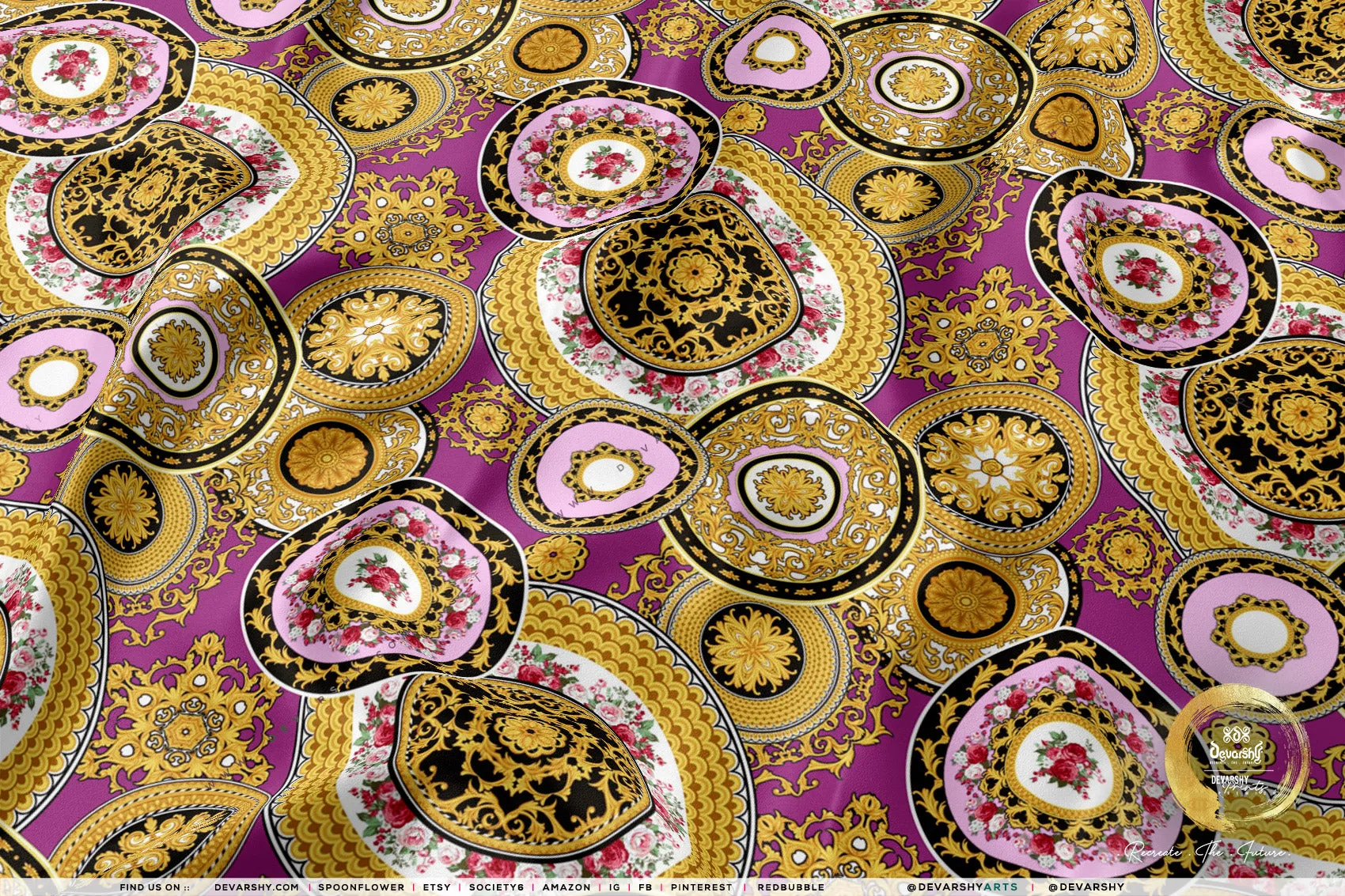 Gold Circles Apparel Fabric 3Meters , 9 Designs | 8 Fabrics Option | Baroque Fabric By the Yard | 031