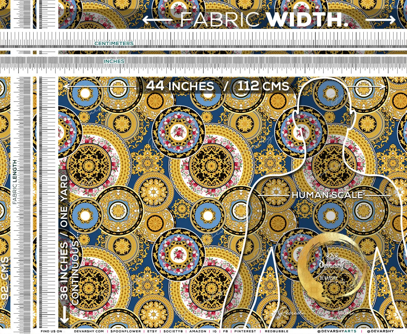 Gold Circles Apparel Fabric 3Meters , 9 Designs | 8 Fabrics Option | Baroque Fabric By the Yard | 031