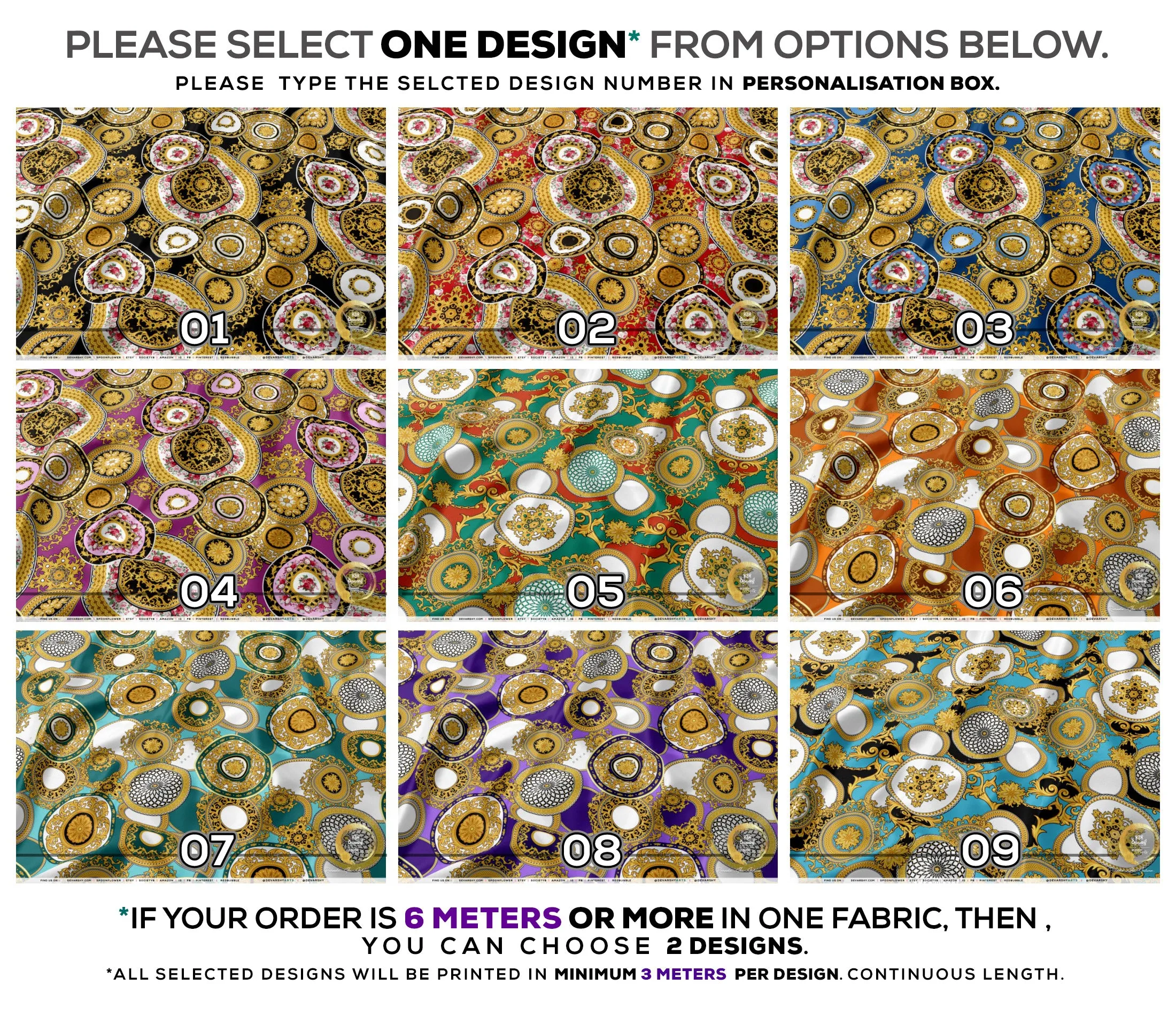 Gold Circles Apparel Fabric 3Meters , 9 Designs | 8 Fabrics Option | Baroque Fabric By the Yard | 031