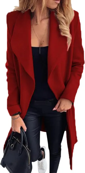 GRASWE Women's Woolen Mid-Length Fashion Lapel Collar Winter Blend Coat - Open Front Elegant Pea Coat