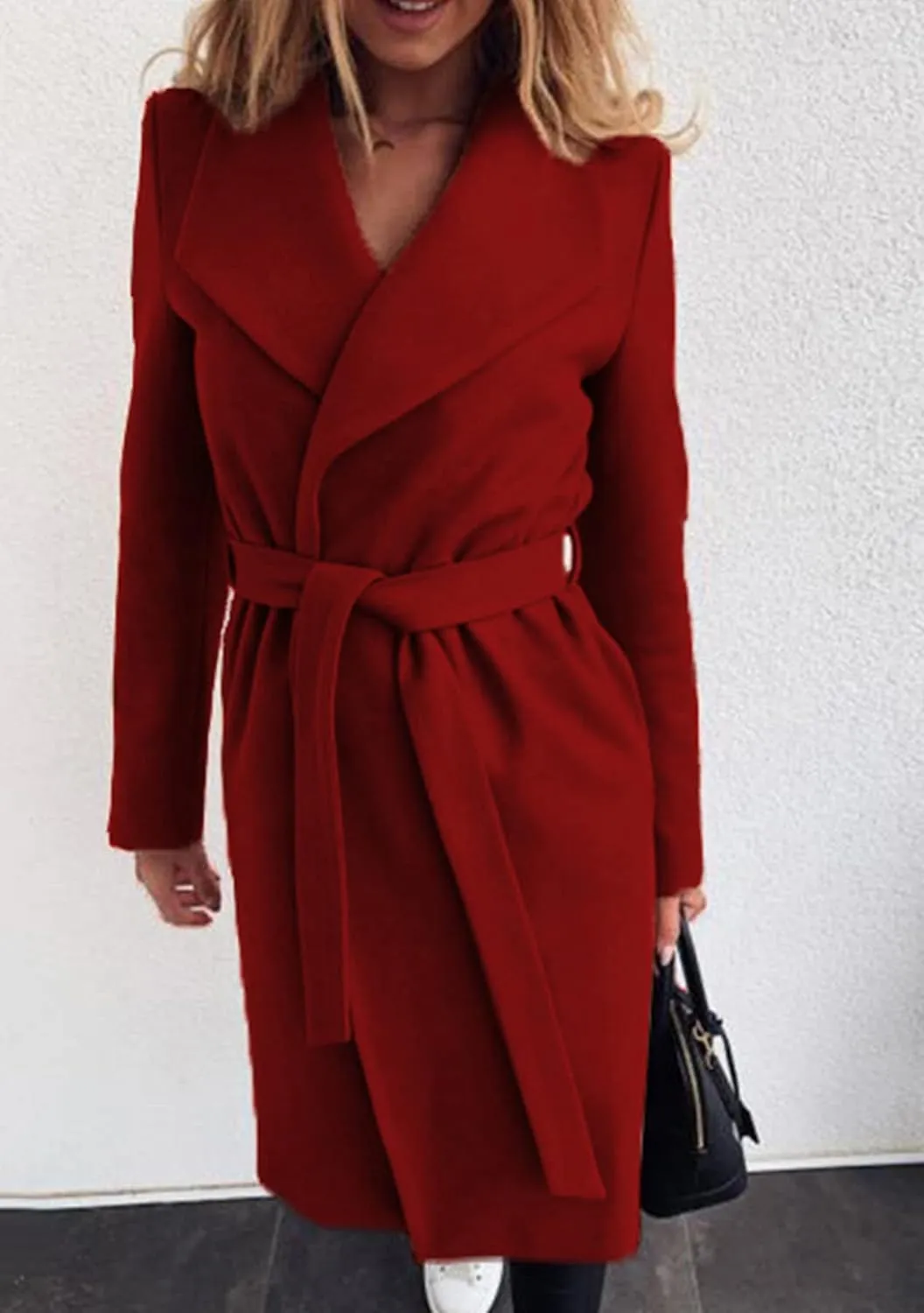 GRASWE Women's Woolen Mid-Length Fashion Lapel Collar Winter Blend Coat - Open Front Elegant Pea Coat