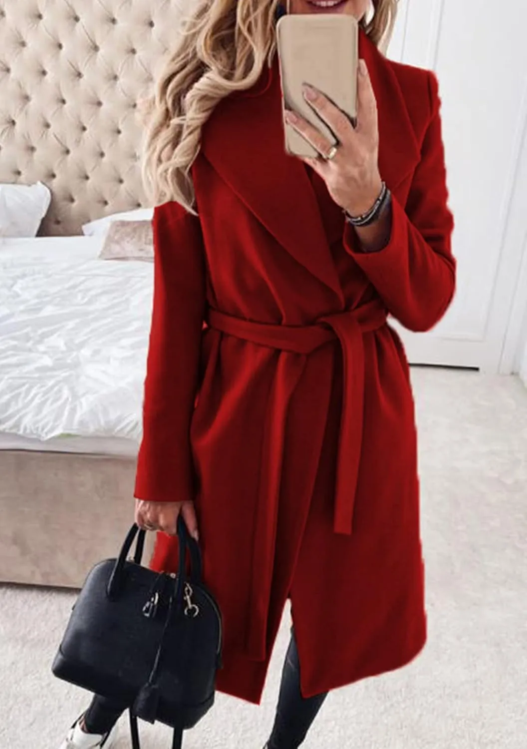 GRASWE Women's Woolen Mid-Length Fashion Lapel Collar Winter Blend Coat - Open Front Elegant Pea Coat