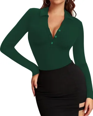 HERLOLLYCHIPS Womens Long Sleeve Short Sleeve Collared Polo Tops V Neck Button Down Fitted Shirts