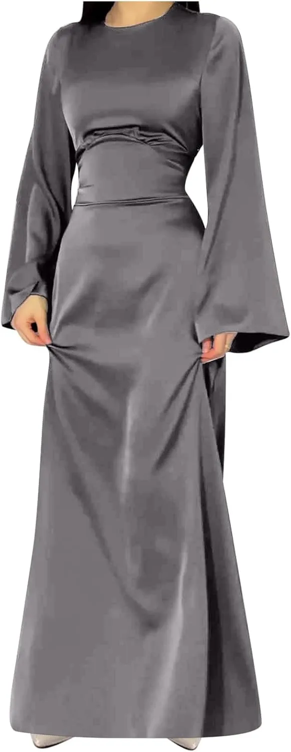 HGps8w Womens Elegant Satin Party Dress Bell Long Sleeve Cocktail Maxi Dress High Waisted Formal Party Evening Gowns