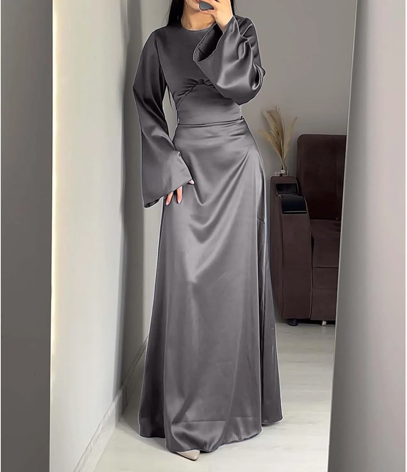 HGps8w Womens Elegant Satin Party Dress Bell Long Sleeve Cocktail Maxi Dress High Waisted Formal Party Evening Gowns