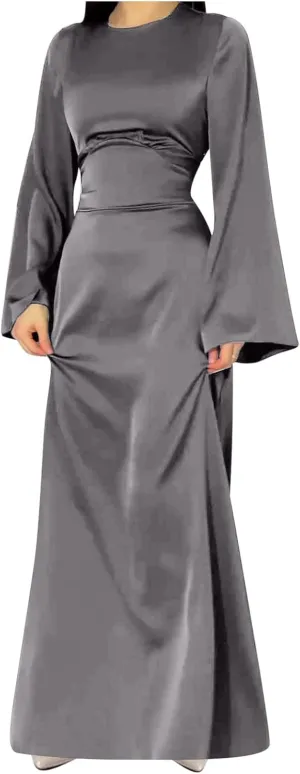 HGps8w Womens Elegant Satin Party Dress Bell Long Sleeve Cocktail Maxi Dress High Waisted Formal Party Evening Gowns