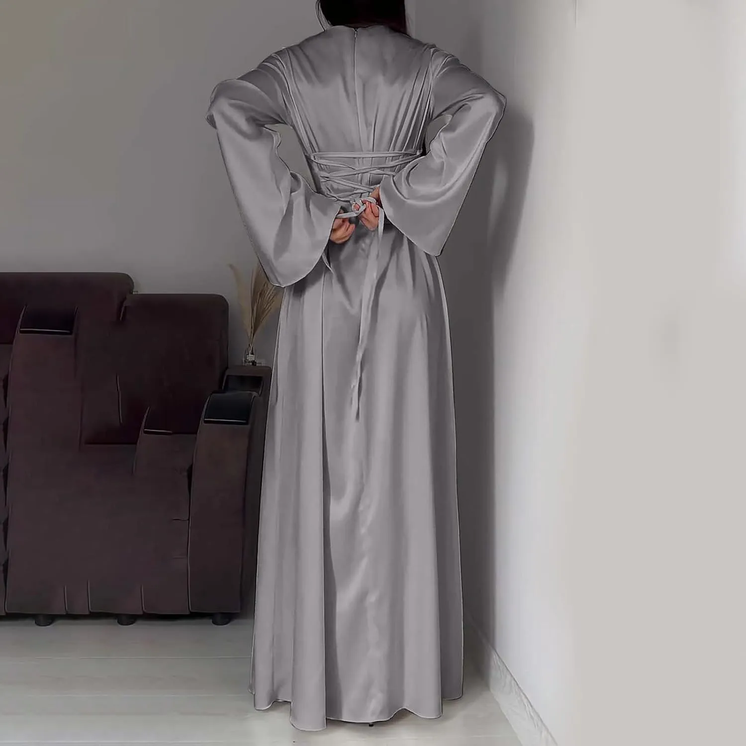 HGps8w Womens Elegant Satin Party Dress Bell Long Sleeve Cocktail Maxi Dress High Waisted Formal Party Evening Gowns