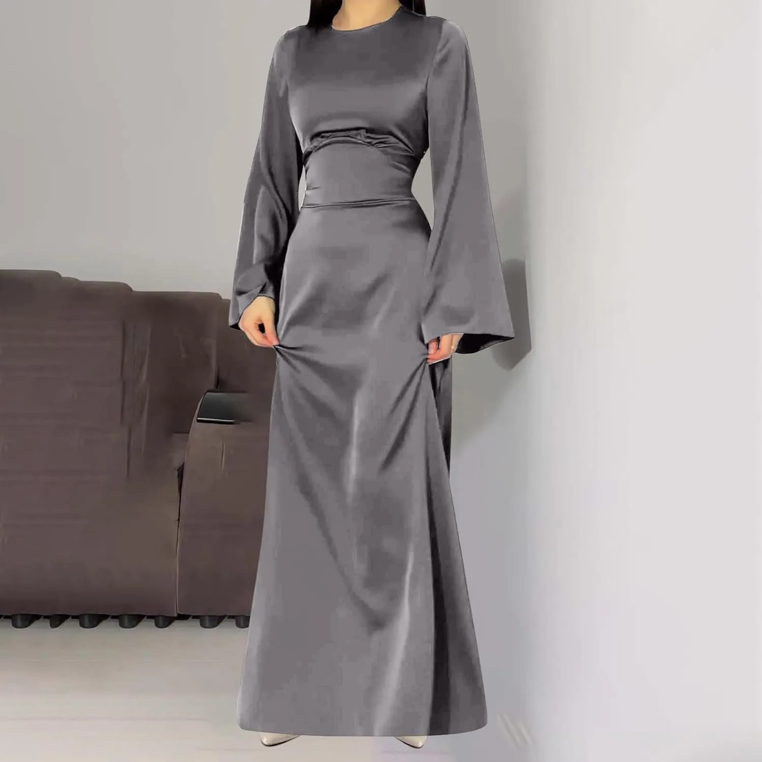 HGps8w Womens Elegant Satin Party Dress Bell Long Sleeve Cocktail Maxi Dress High Waisted Formal Party Evening Gowns