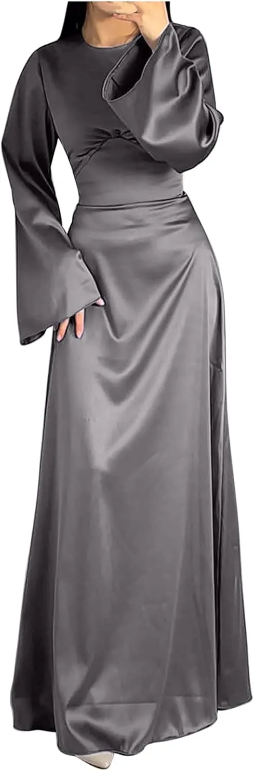 HGps8w Womens Elegant Satin Party Dress Bell Long Sleeve Cocktail Maxi Dress High Waisted Formal Party Evening Gowns