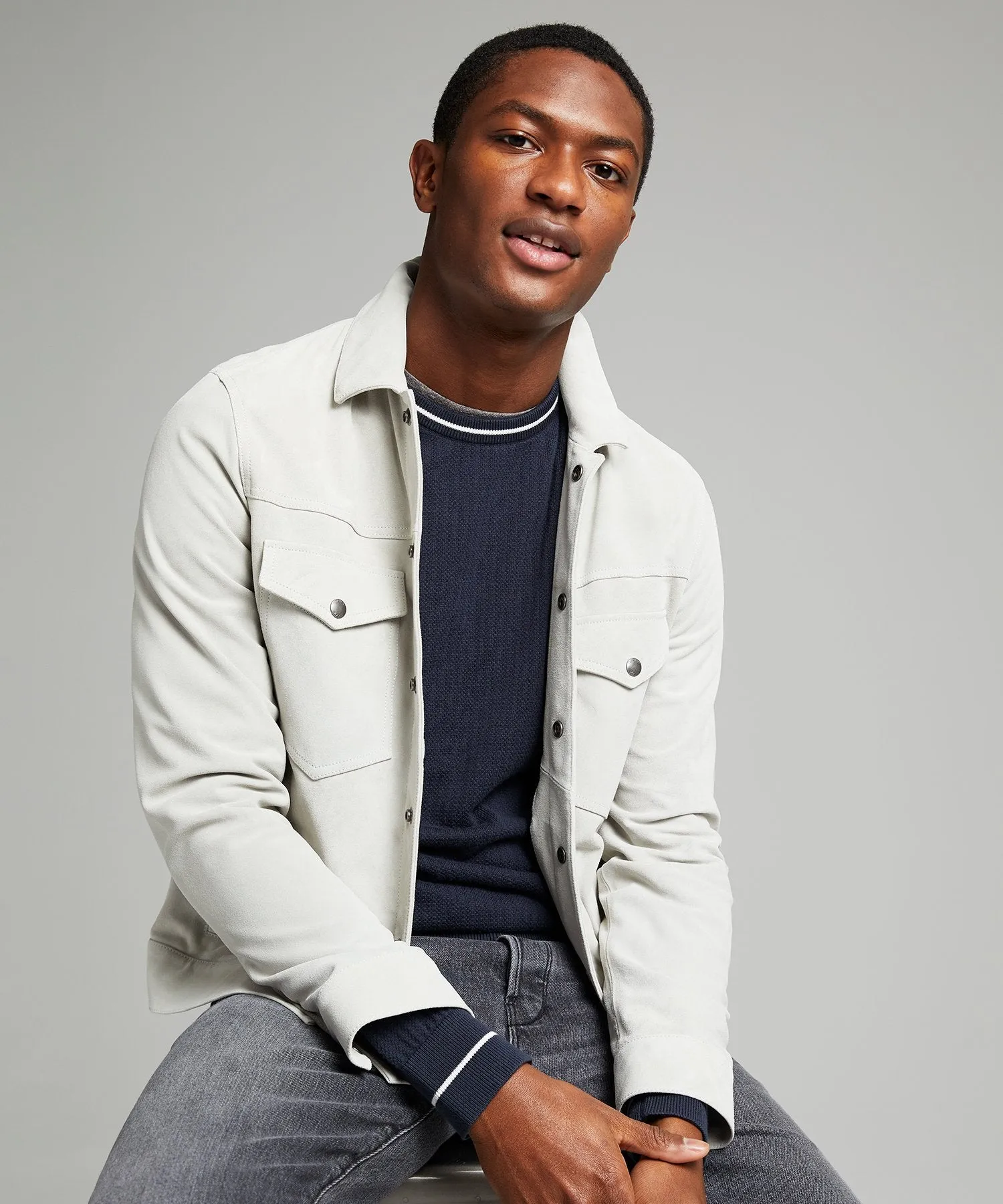 Italian Suede Snap Dylan Jacket in Stone