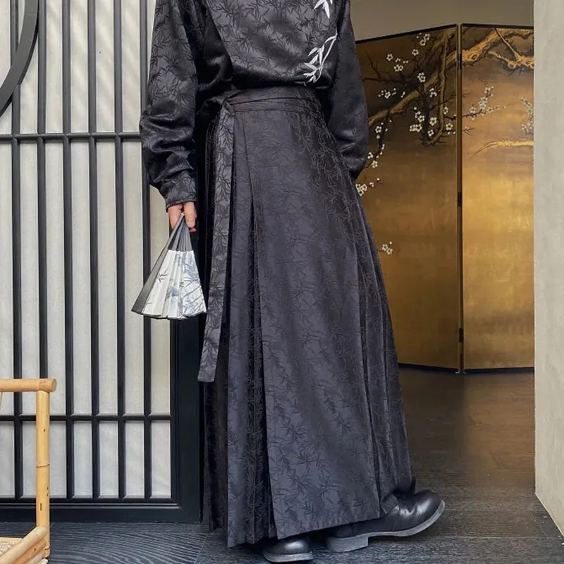 Jacquard Male Pants Chinese Style Lace-up Pleated Men's Wide Leg Trousers Retro Chic Men Clothing Spring Stylish 9C2617