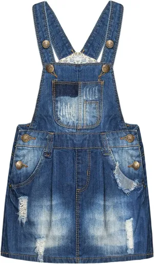KIDSCOOL SPACE Baby Girls Overalls Jean Dress, Flower Embroidered Double Color Spliced Tulle Skirts