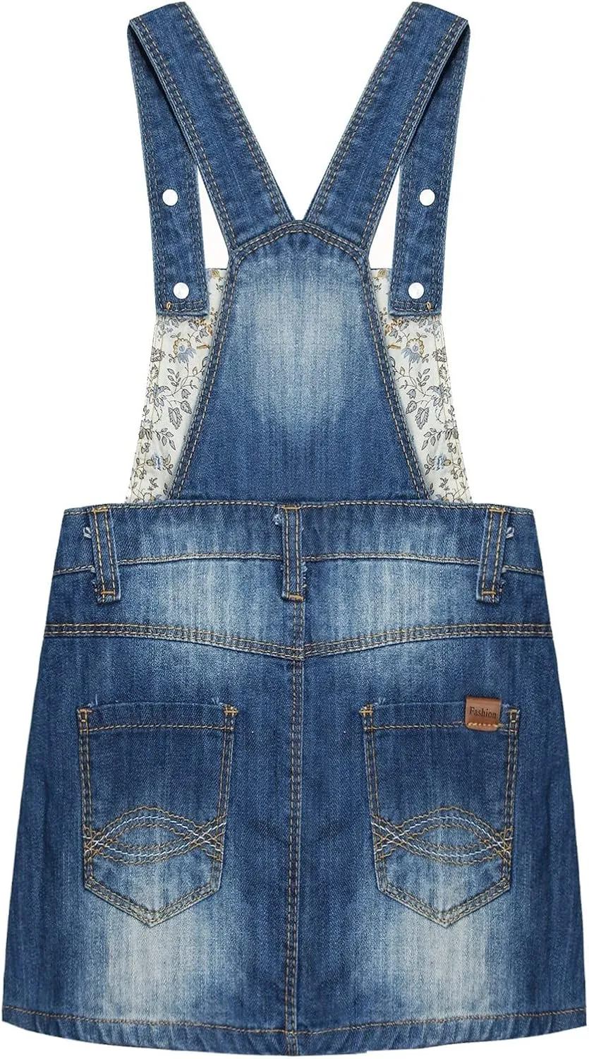 KIDSCOOL SPACE Baby Girls Overalls Jean Dress, Flower Embroidered Double Color Spliced Tulle Skirts