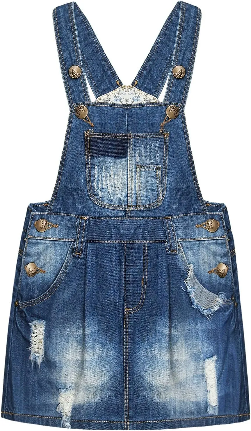 KIDSCOOL SPACE Baby Girls Overalls Jean Dress, Flower Embroidered Double Color Spliced Tulle Skirts