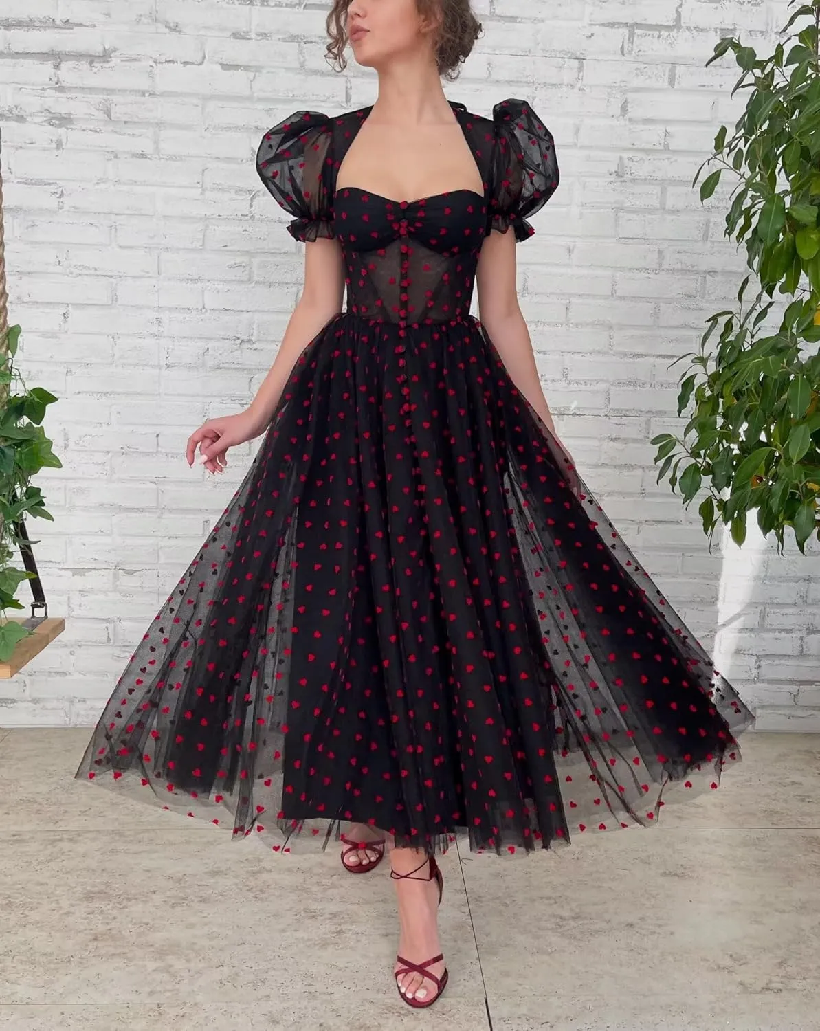 Maxianever Heart Tulle Prom Dresses Tea Length 2024 Corset A Line Puff Sleeves Formal Evening Party Gowns with Slit