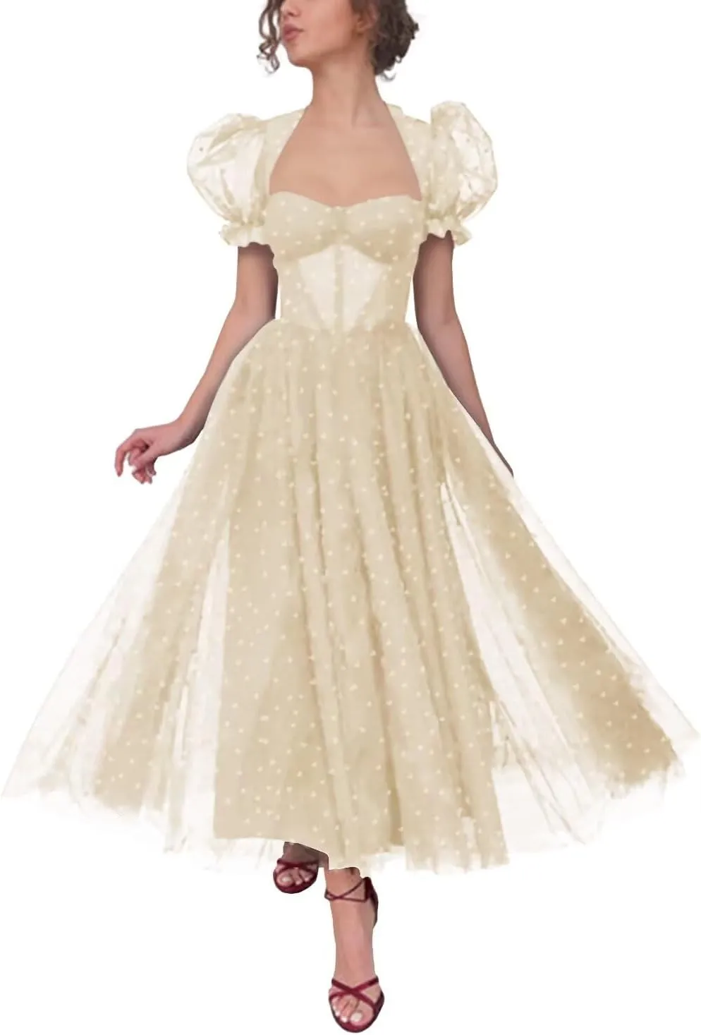 Maxianever Heart Tulle Prom Dresses Tea Length 2024 Corset A Line Puff Sleeves Formal Evening Party Gowns with Slit