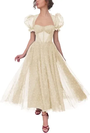 Maxianever Heart Tulle Prom Dresses Tea Length 2024 Corset A Line Puff Sleeves Formal Evening Party Gowns with Slit
