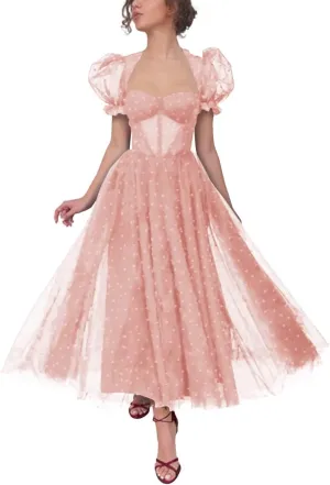 Maxianever Heart Tulle Prom Dresses Tea Length 2024 Corset A Line Puff Sleeves Formal Evening Party Gowns with Slit