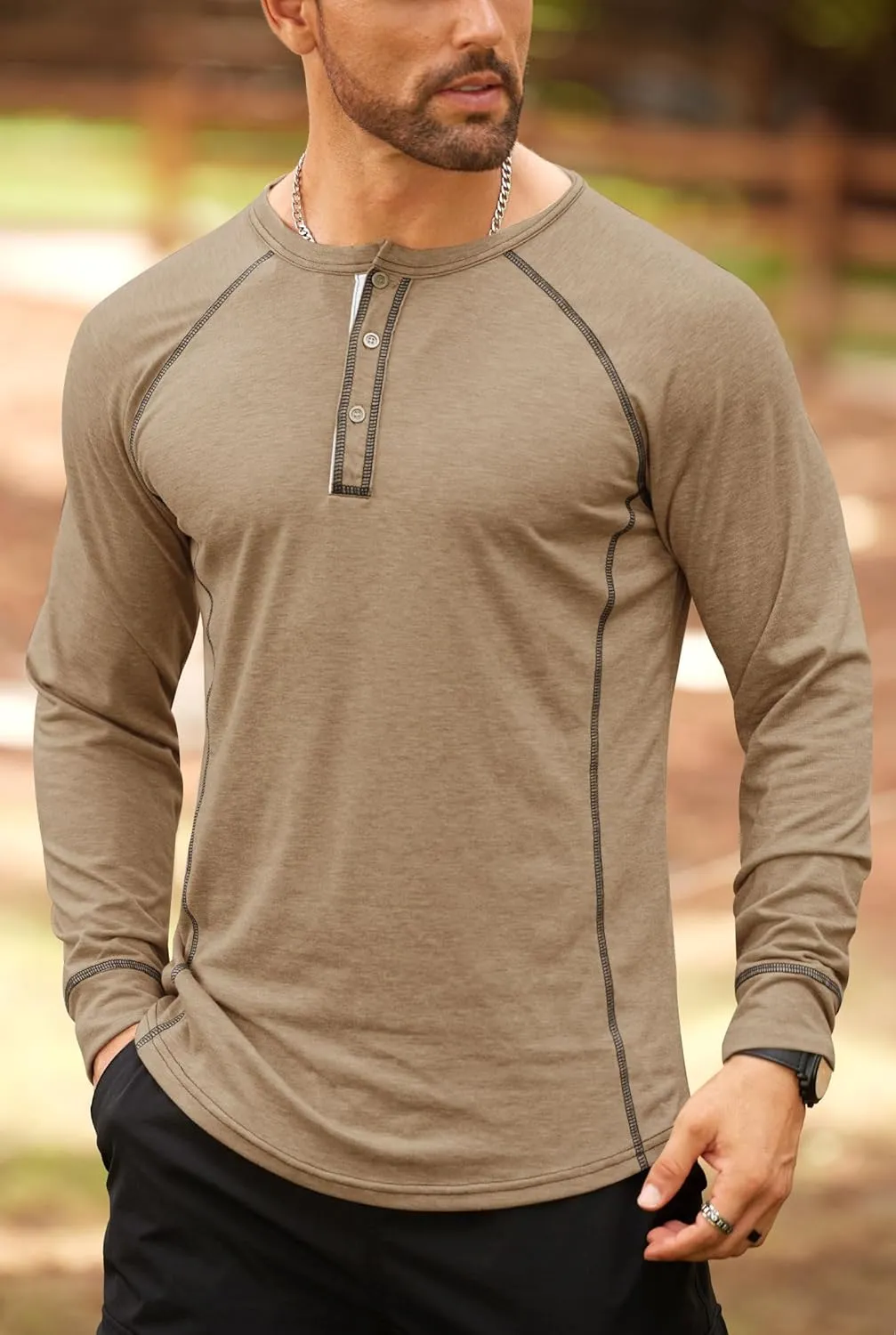 Mens Henley Shirts Long Sleeve Casual Classic Button Raglan T-Shirt (S-XXL)