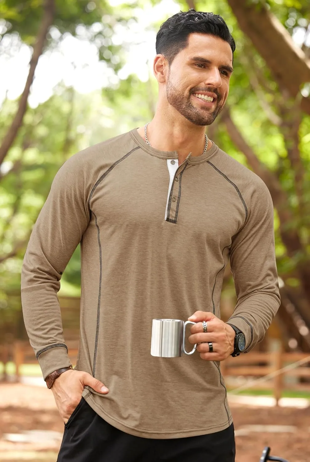 Mens Henley Shirts Long Sleeve Casual Classic Button Raglan T-Shirt (S-XXL)