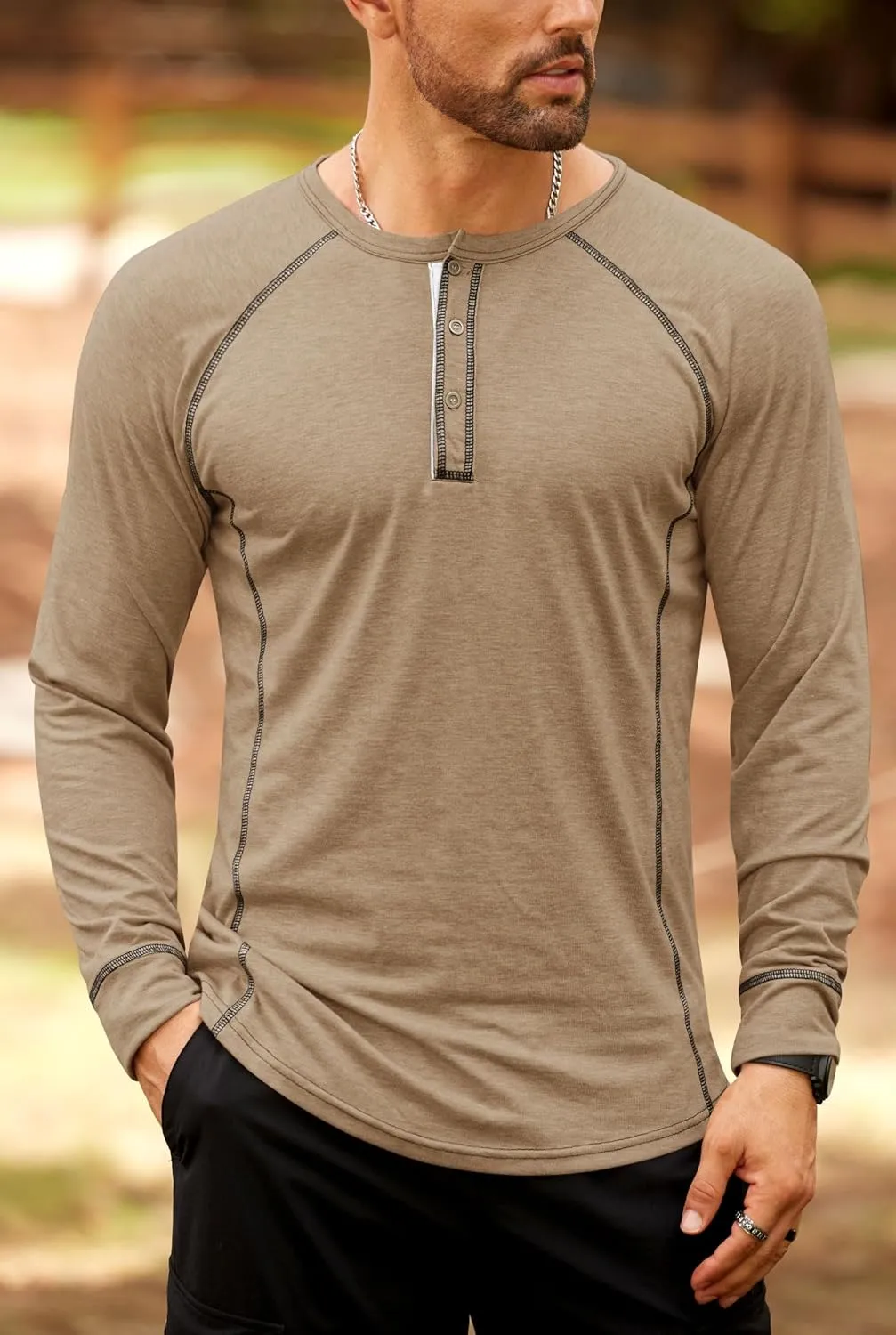 Mens Henley Shirts Long Sleeve Casual Classic Button Raglan T-Shirt (S-XXL)