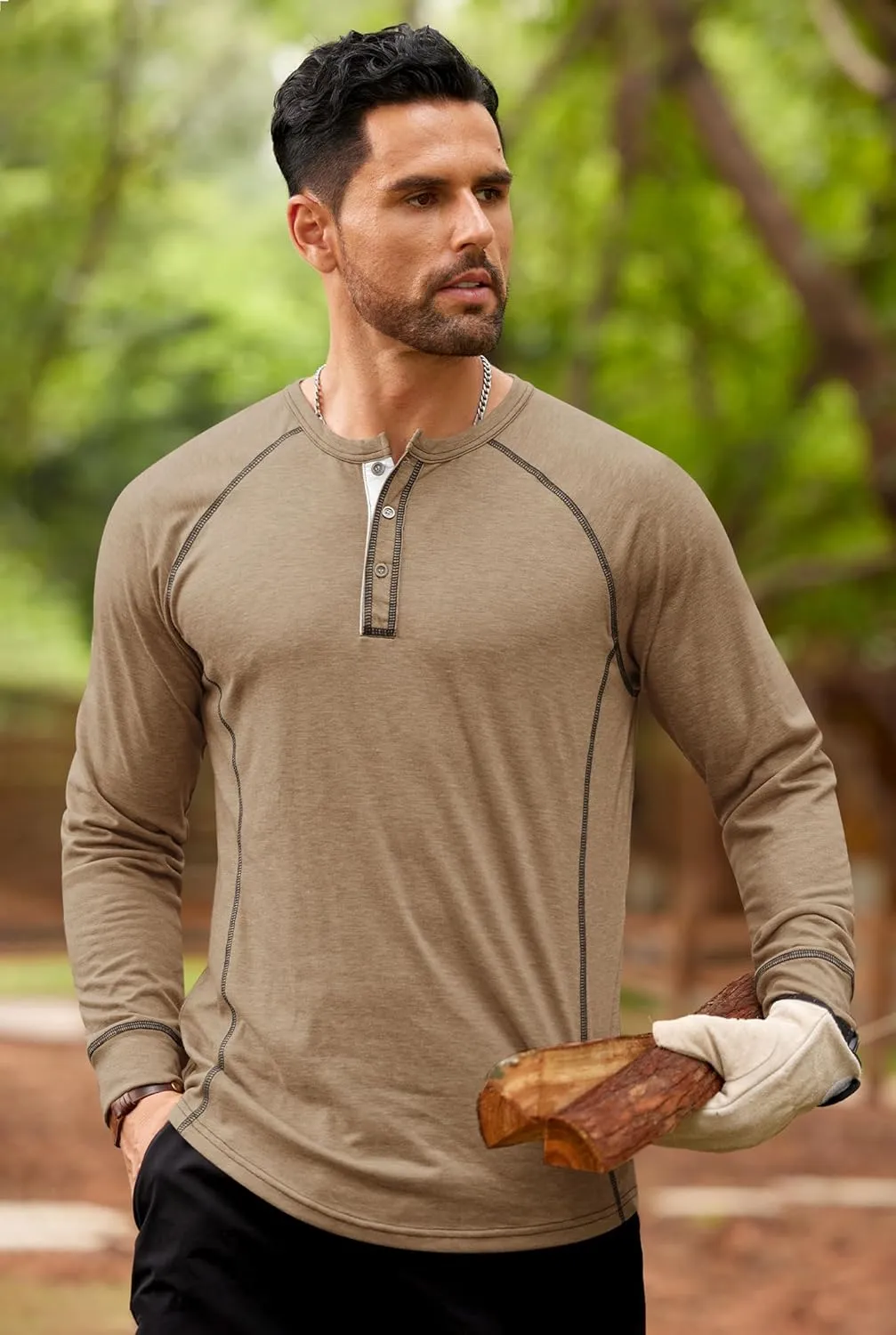 Mens Henley Shirts Long Sleeve Casual Classic Button Raglan T-Shirt (S-XXL)