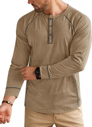 Mens Henley Shirts Long Sleeve Casual Classic Button Raglan T-Shirt (S-XXL)