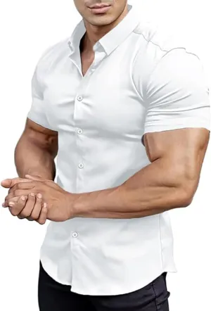 Men's Muscle Fit Dress Shirts Short Sleeve Button Down Slim Fit Stretch Wrinkle Summer Shirt for Men