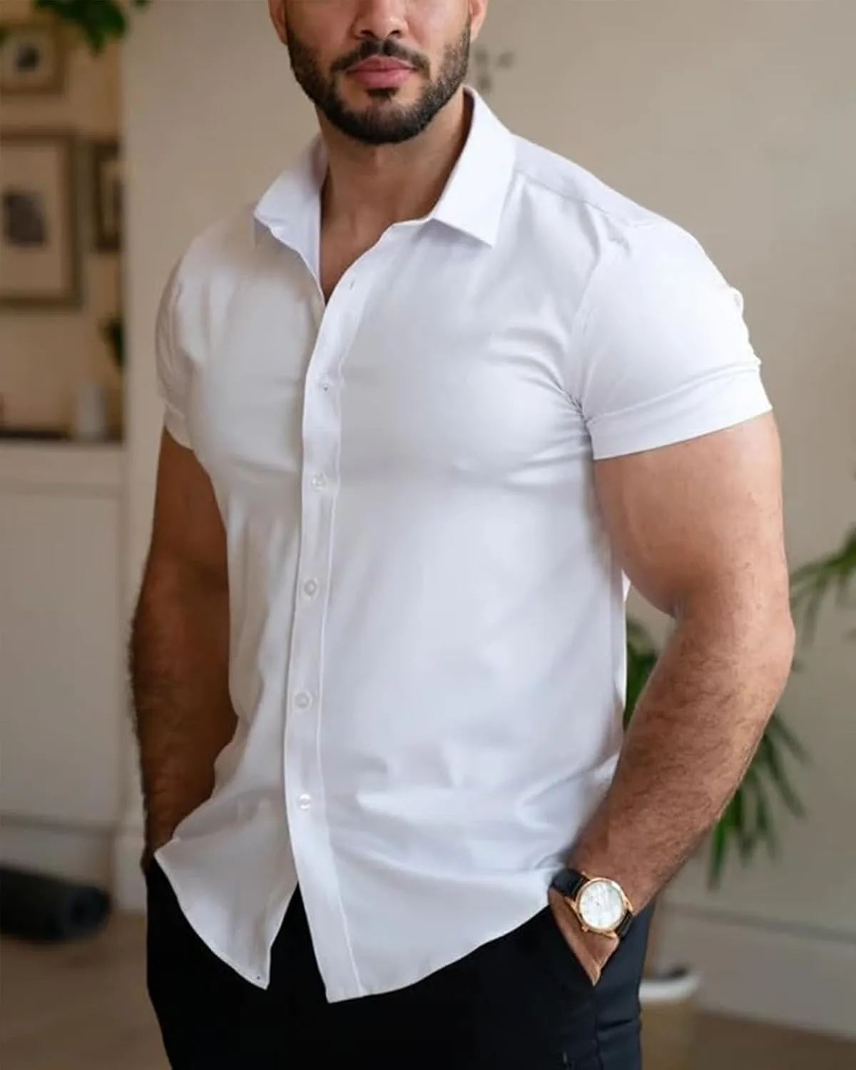 Men's Muscle Fit Dress Shirts Short Sleeve Button Down Slim Fit Stretch Wrinkle Summer Shirt for Men