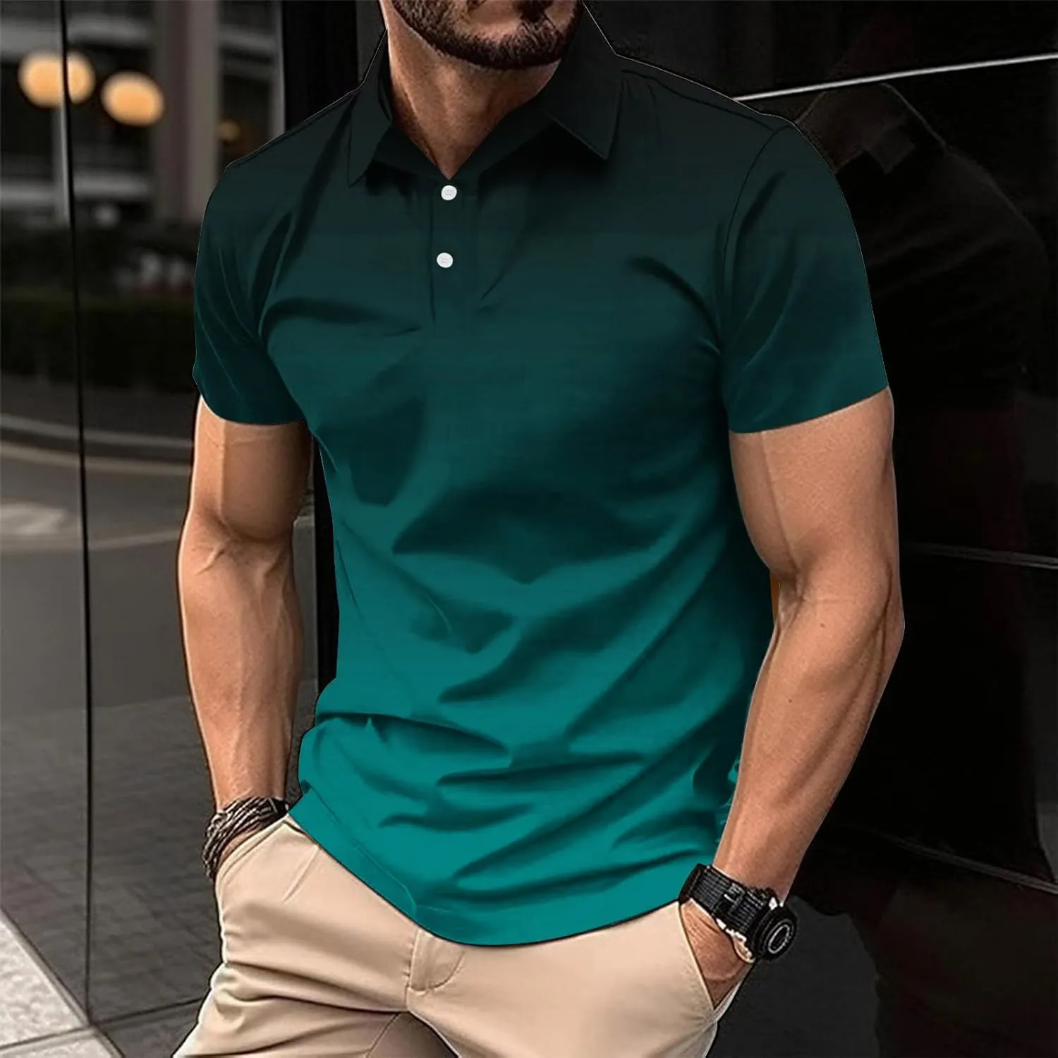 Mens Polo Shirts Short Sleeve Gradient Color Gym Workout Golf T-Shirt Casual Fashion V Neck Button Down Tops 2025