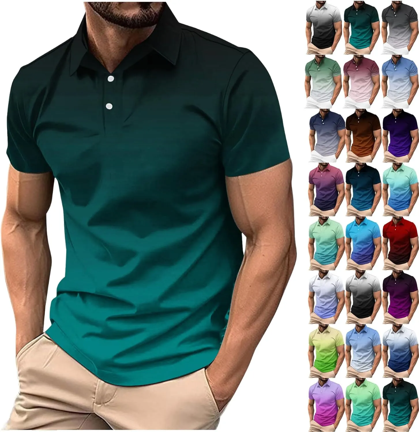 Mens Polo Shirts Short Sleeve Gradient Color Gym Workout Golf T-Shirt Casual Fashion V Neck Button Down Tops 2025