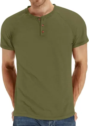 Men's Summer Polo Shirts Short Sleeve Cotton Casual Henley T-Shirts Button Raglan Sleeve Tees