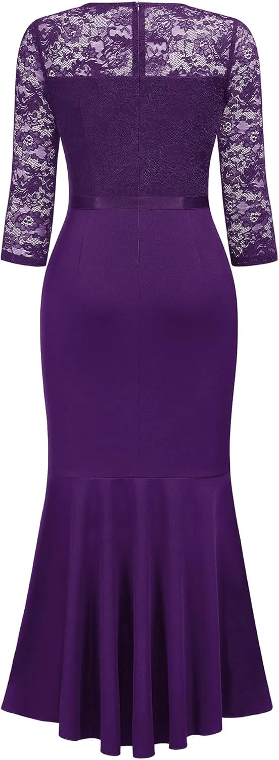 MISSMAY Women's Classy Floral Lace Ruffle Formal Bridesmaid Long Dress