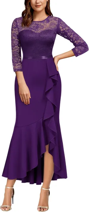 MISSMAY Women's Classy Floral Lace Ruffle Formal Bridesmaid Long Dress