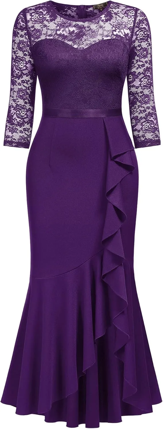 MISSMAY Women's Classy Floral Lace Ruffle Formal Bridesmaid Long Dress