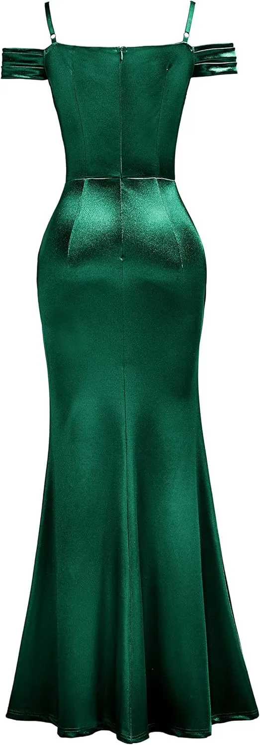 Miusol Women's Sexy Off Shoulder Satin High Split Ruched Style Evening Party Maxi Dress