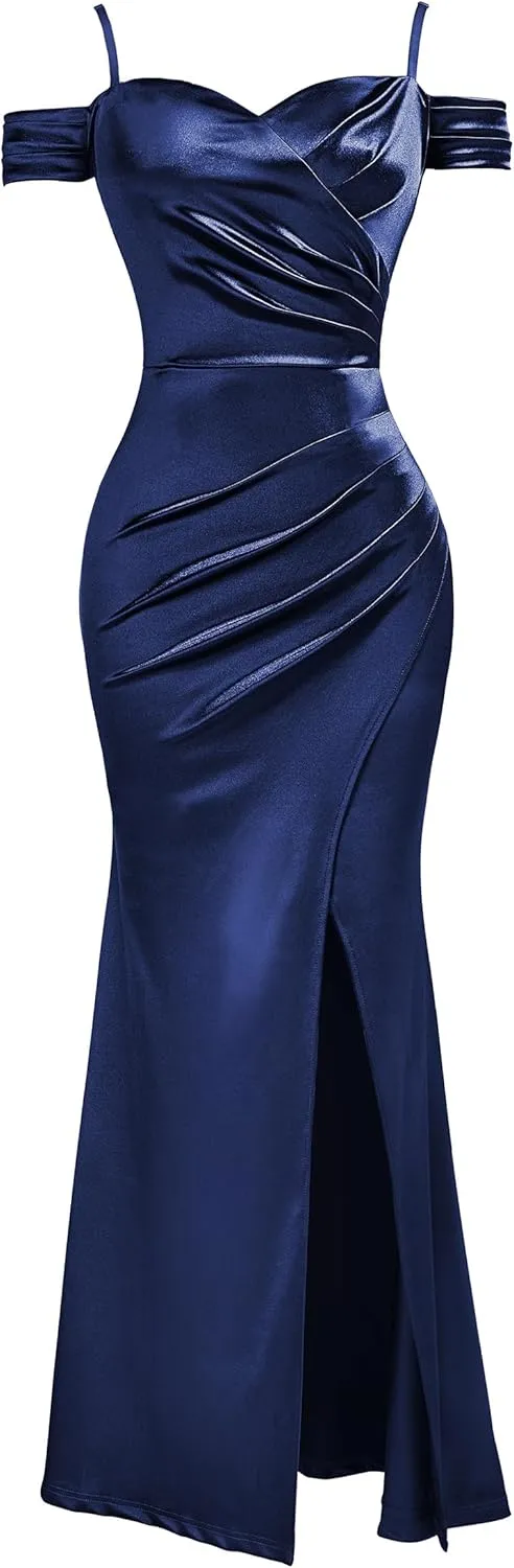 Miusol Women's Sexy Off Shoulder Satin High Split Ruched Style Evening Party Maxi Dress