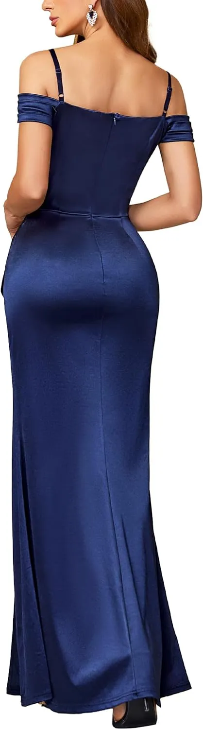 Miusol Women's Sexy Off Shoulder Satin High Split Ruched Style Evening Party Maxi Dress
