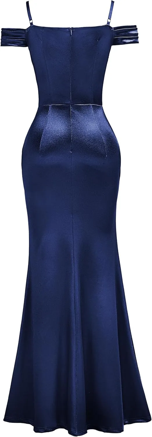 Miusol Women's Sexy Off Shoulder Satin High Split Ruched Style Evening Party Maxi Dress