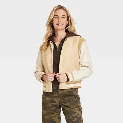 New - Universal Thread Women's Snap Button Winter Faux Leather Varsity Jacket