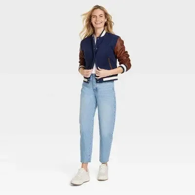 New - Universal Thread Women's Snap Button Winter Faux Leather Varsity Jacket