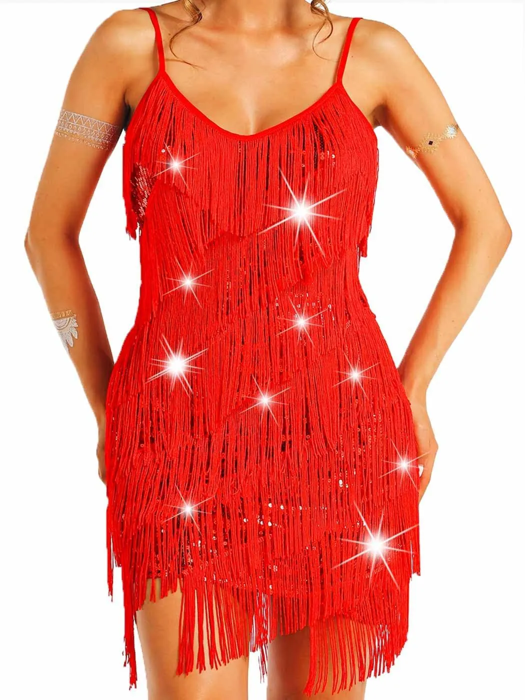 Nicute Womens Sequin Fringe Dress Sparkly 1920s Flapper Dress Tassel Dresses Tango Ballroom Latin Costumes