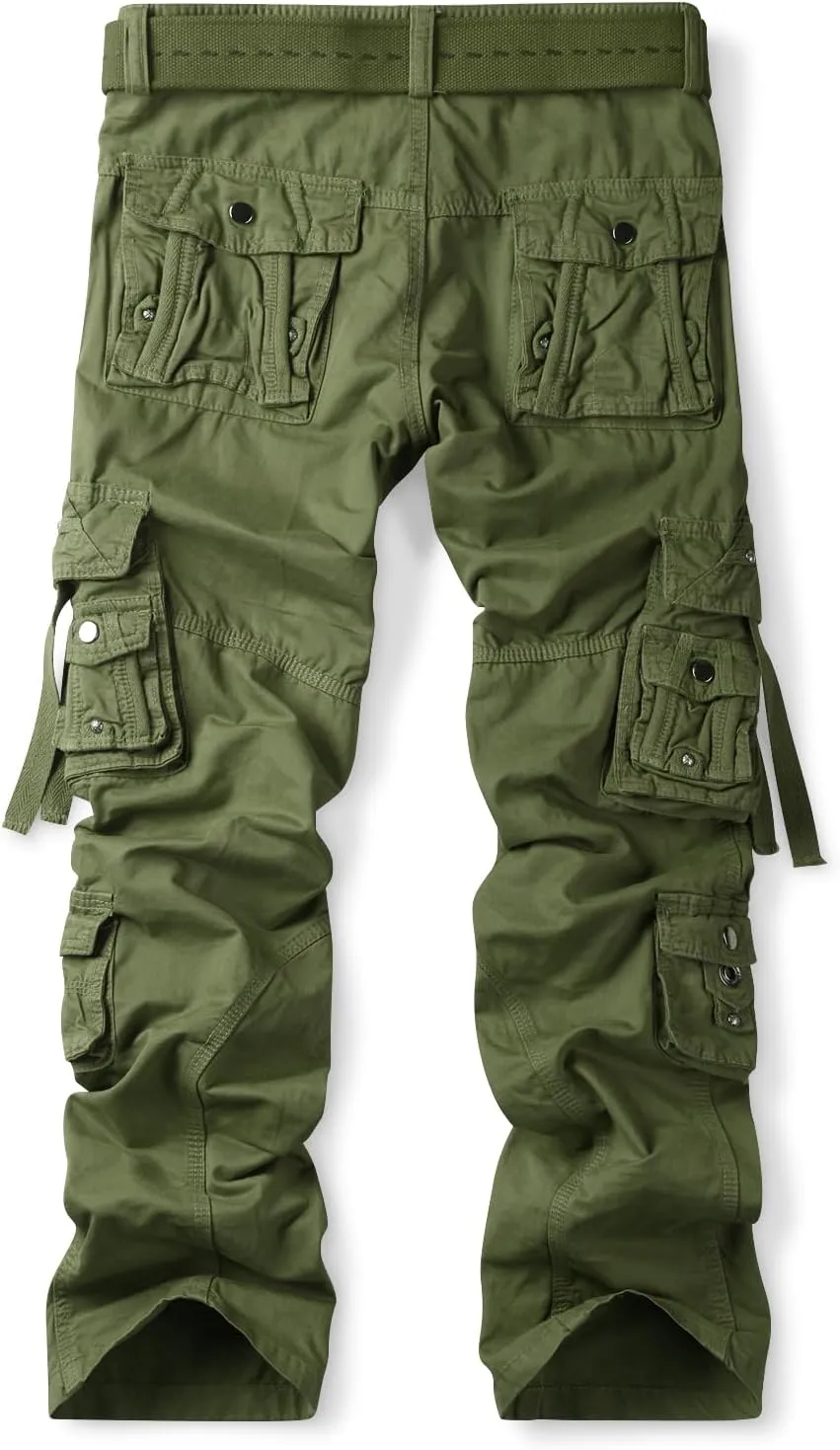 OCHENTA Men's Cotton Casual Baggy Cargo Work Travel Pants with Multi Pockets Relaxed Loose Fit (No Belt)