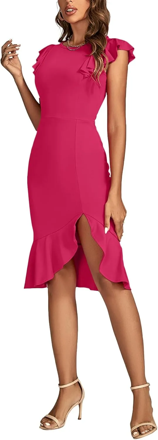 OPOIPIN Women's Flutter Sleeve Crewneck Ruffle Hem Mermaid Sleeveless Party Short Dress