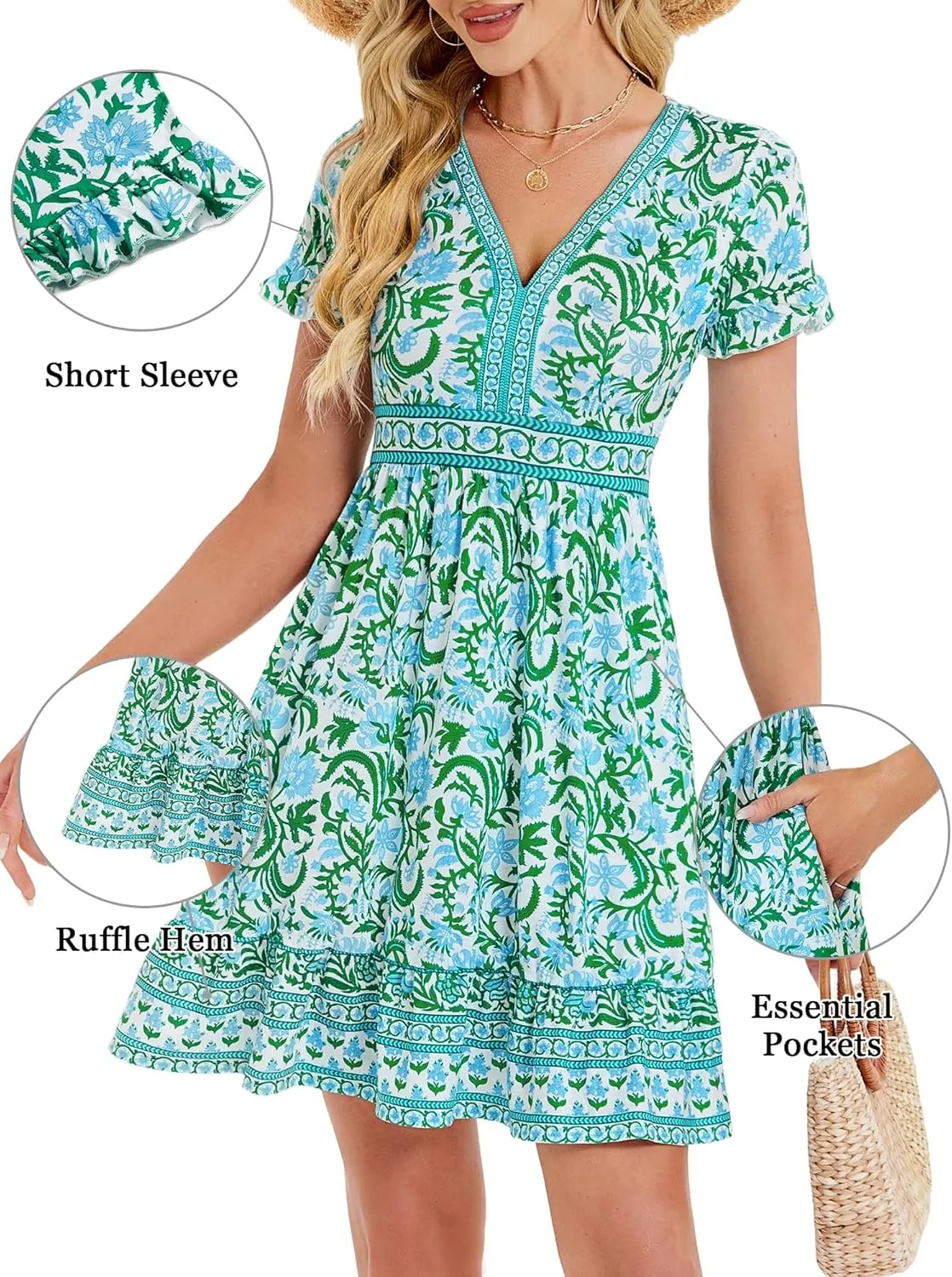 OURIN Womens Summer Dresses 2025 V Neck Short Sleeve Ruffle Floral Casual Boho Beach A Line Midi Sundress