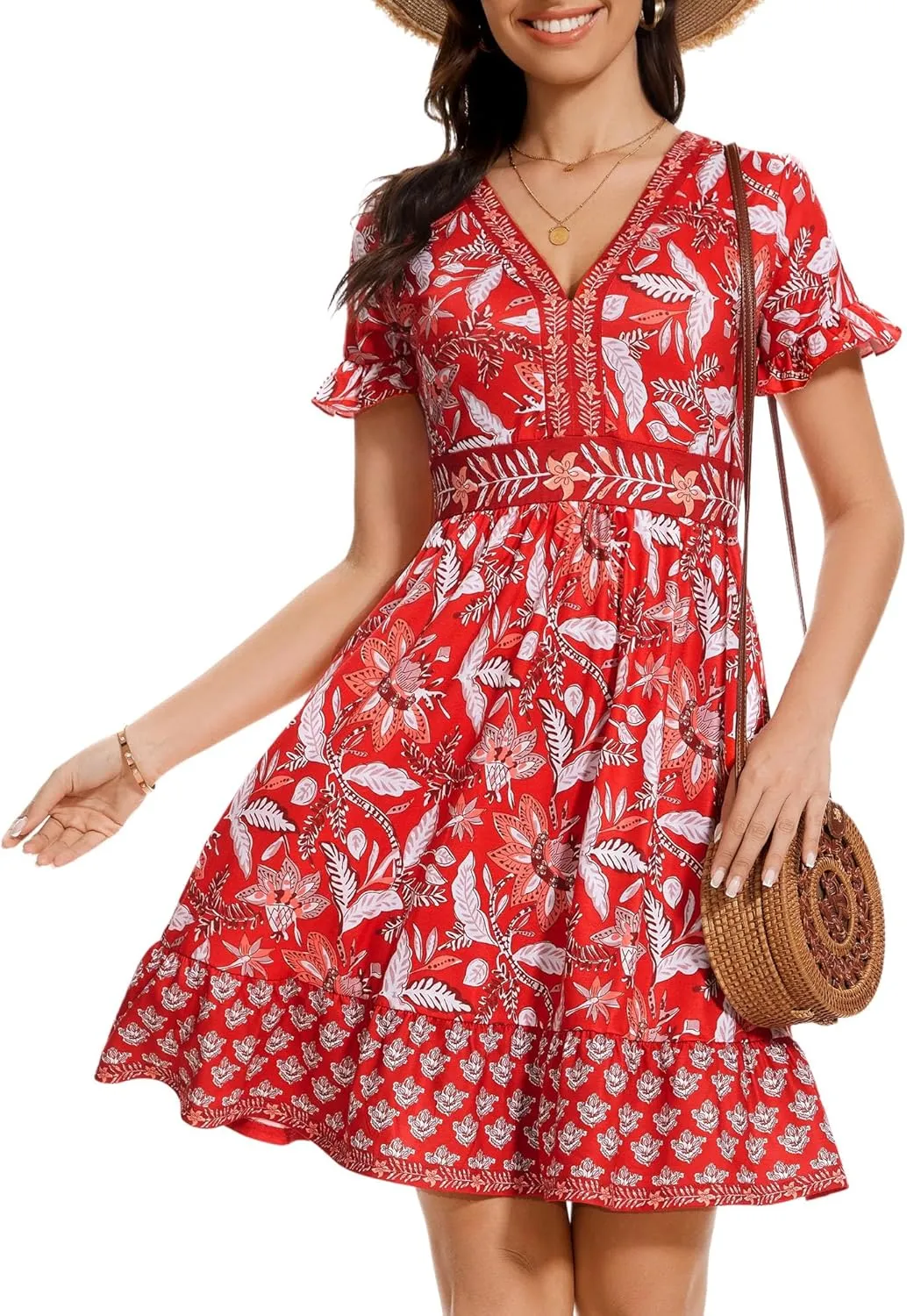 OURIN Womens Summer Dresses 2025 V Neck Short Sleeve Ruffle Floral Casual Boho Beach A Line Midi Sundress
