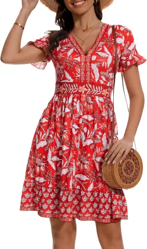 OURIN Womens Summer Dresses 2025 V Neck Short Sleeve Ruffle Floral Casual Boho Beach A Line Midi Sundress