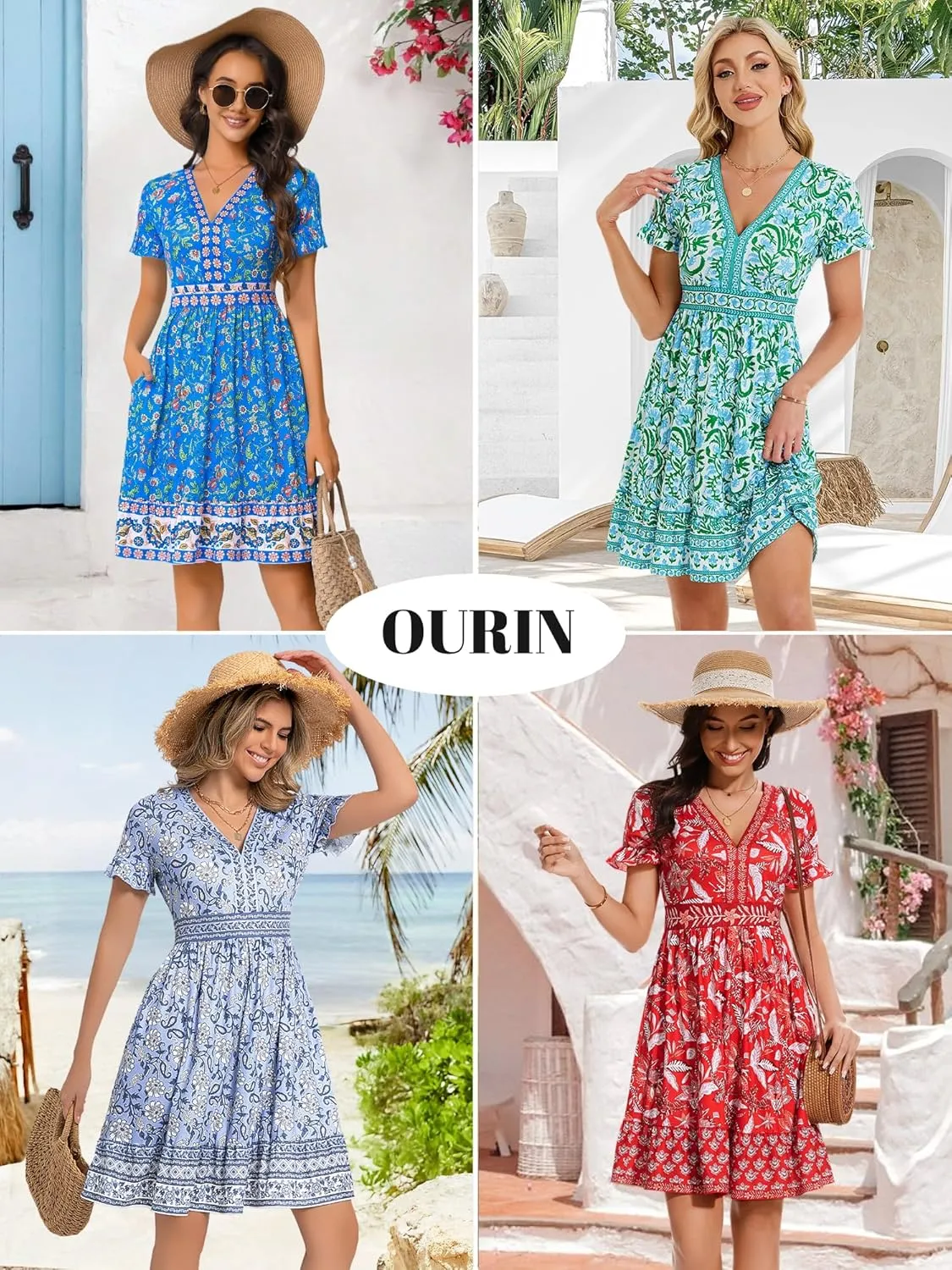 OURIN Womens Summer Dresses 2025 V Neck Short Sleeve Ruffle Floral Casual Boho Beach A Line Midi Sundress